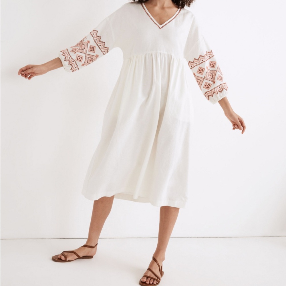 NWT Madewell Embroidered-Sleeve Popover Midi Dress in Lighthouse
